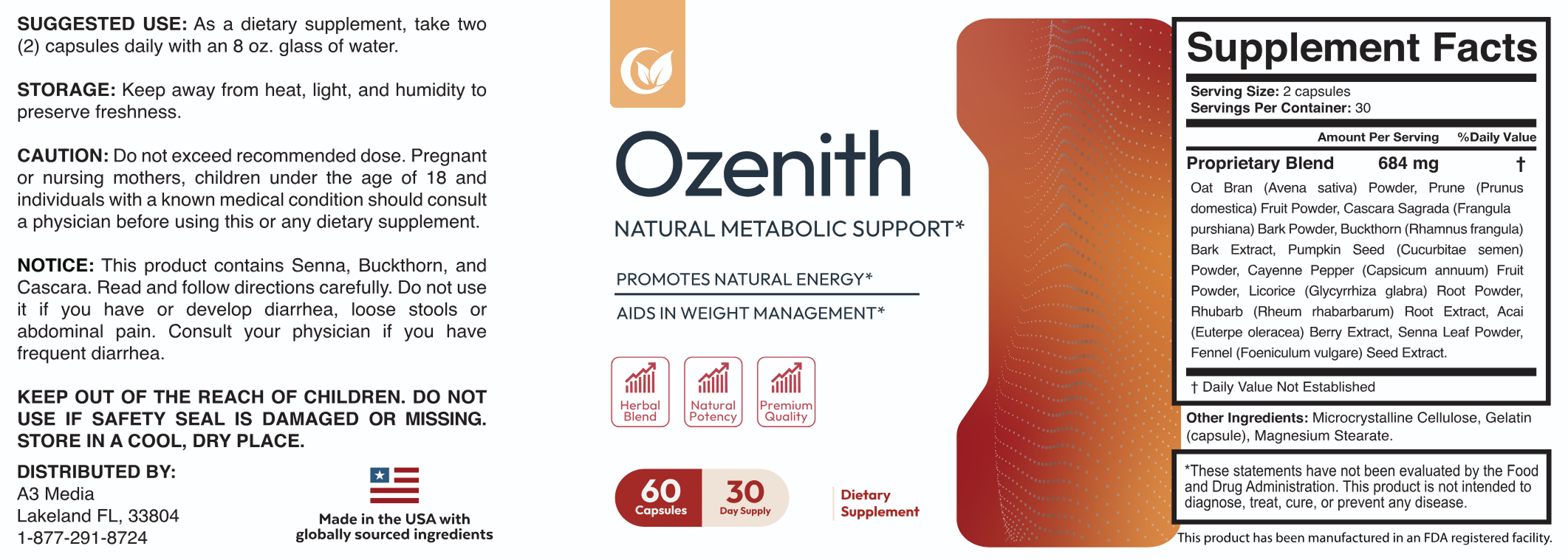 Ozenith Supplement Facts Label
